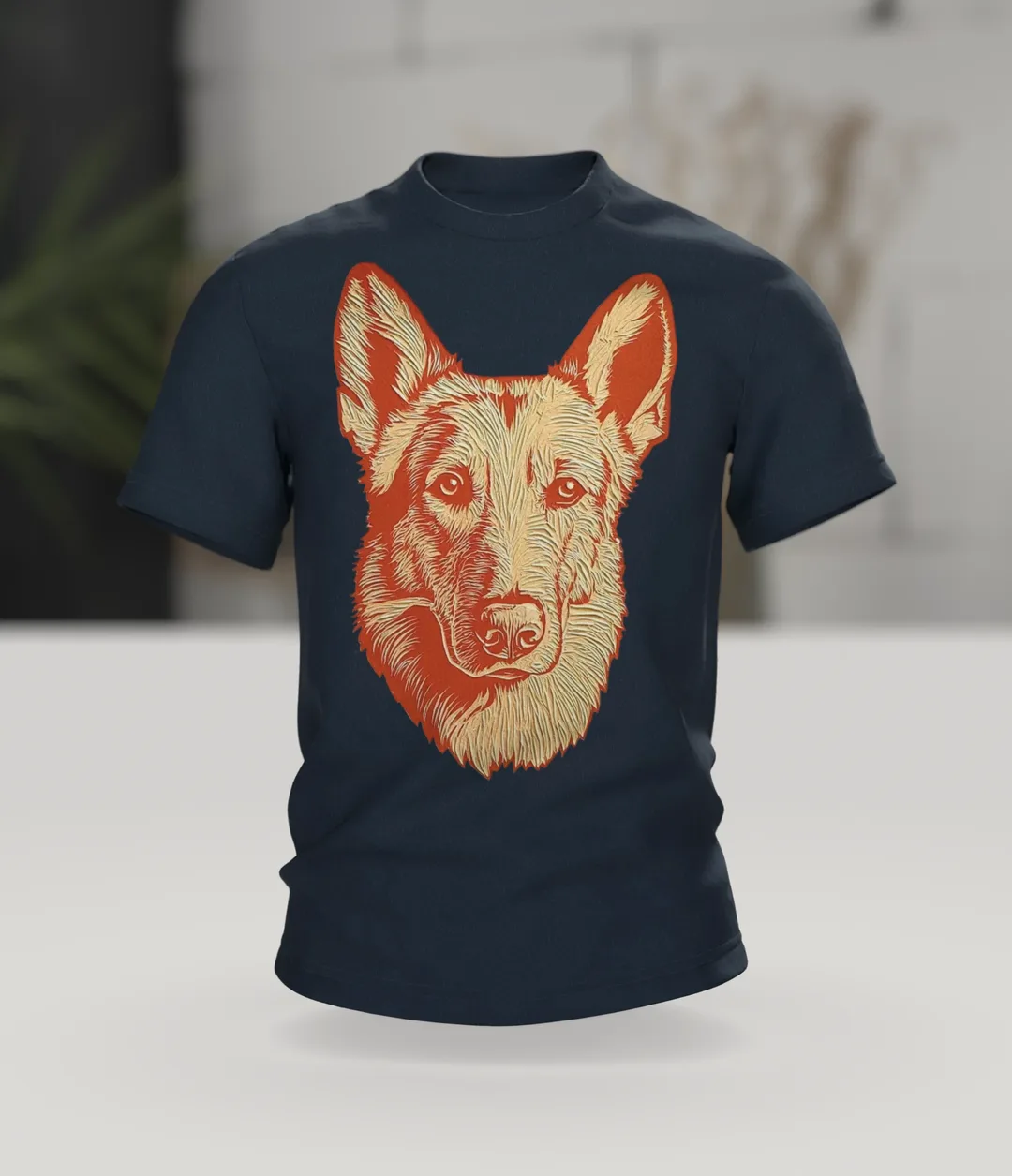 Schäferhund Linolschnitt T-Shirt, Terrakotta-Porträt vorn, Emblem in Gold am Rücken, Im Raum