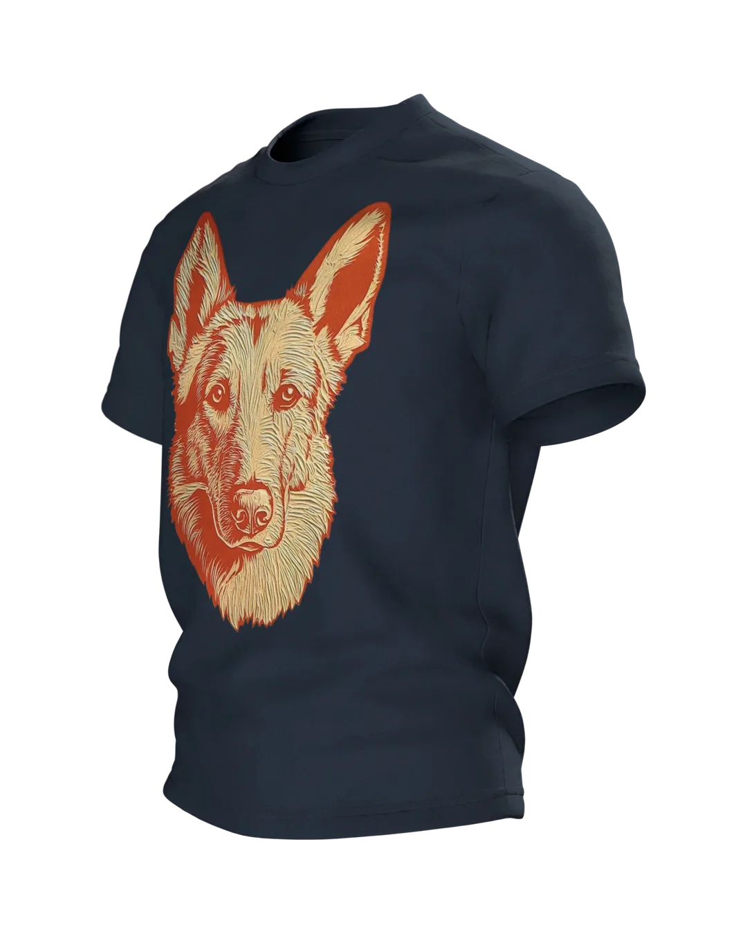 Schäferhund Linolschnitt T-Shirt, Terrakotta-Porträt vorn, Emblem in Gold am Rücken, Seitenansicht rechts