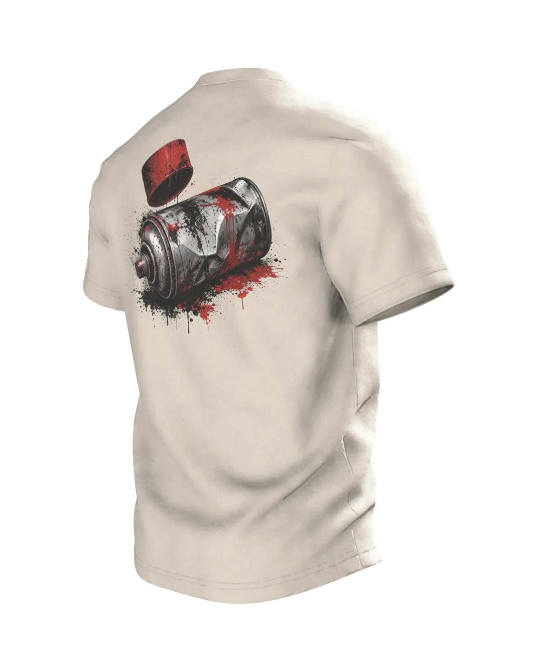 Spraydose T-Shirt: verbeulte Sprühdose in Chrom und Signalrot, Deckel im Flug, Rückseite schräg links