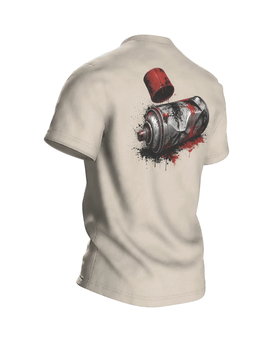 Spraydose T-Shirt: verbeulte Sprühdose in Chrom und Signalrot, Deckel im Flug, Rückseite schräg rechts