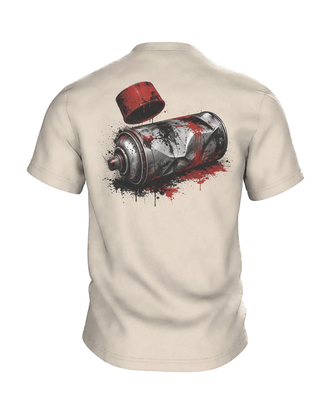 Spraydose T-Shirt: verbeulte Sprühdose in Chrom und Signalrot, Deckel im Flug, Rückseite