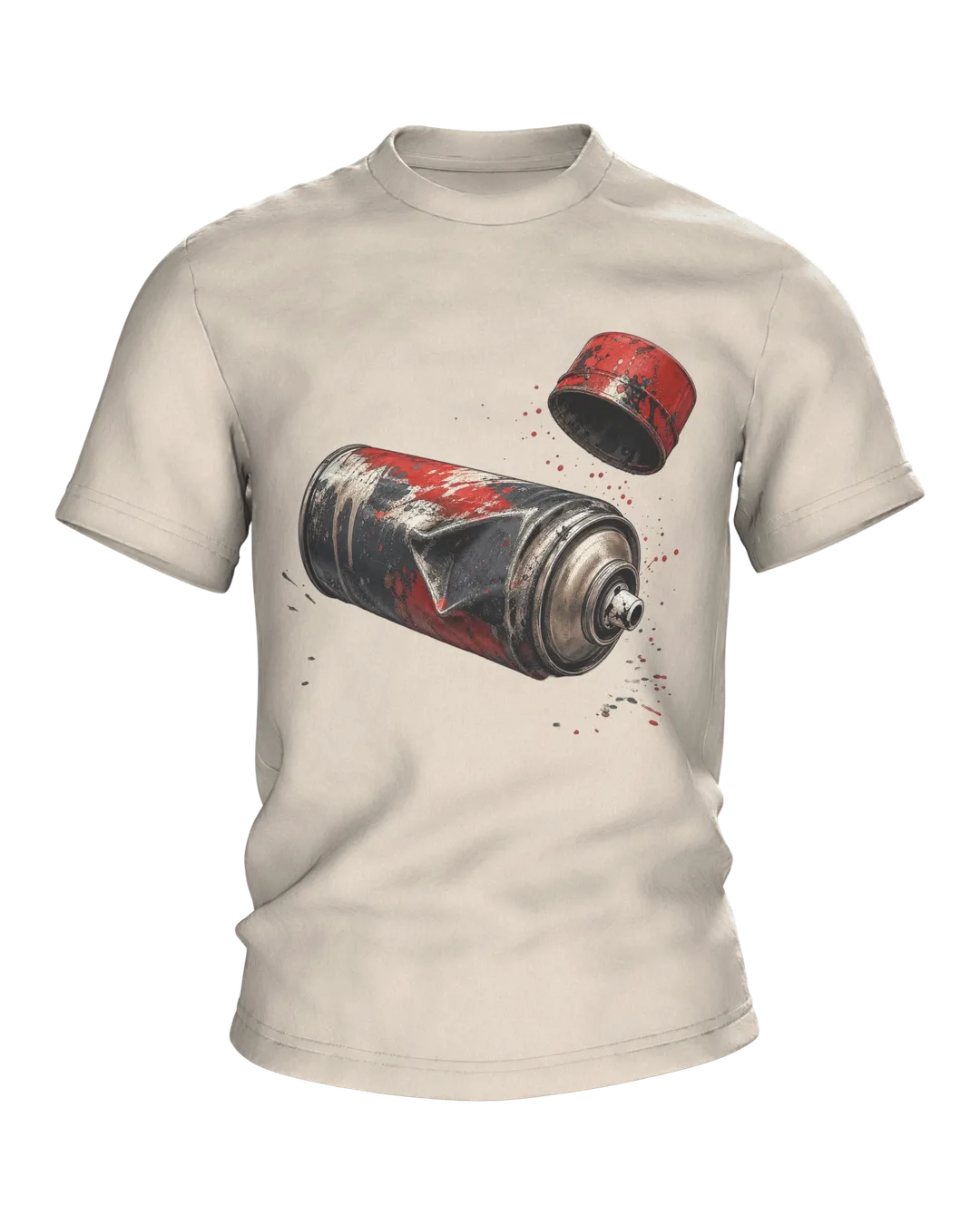 Spray Can T-shirt: Dented Spray Can in Chrome and Signal Red, Cap in Mid-Air