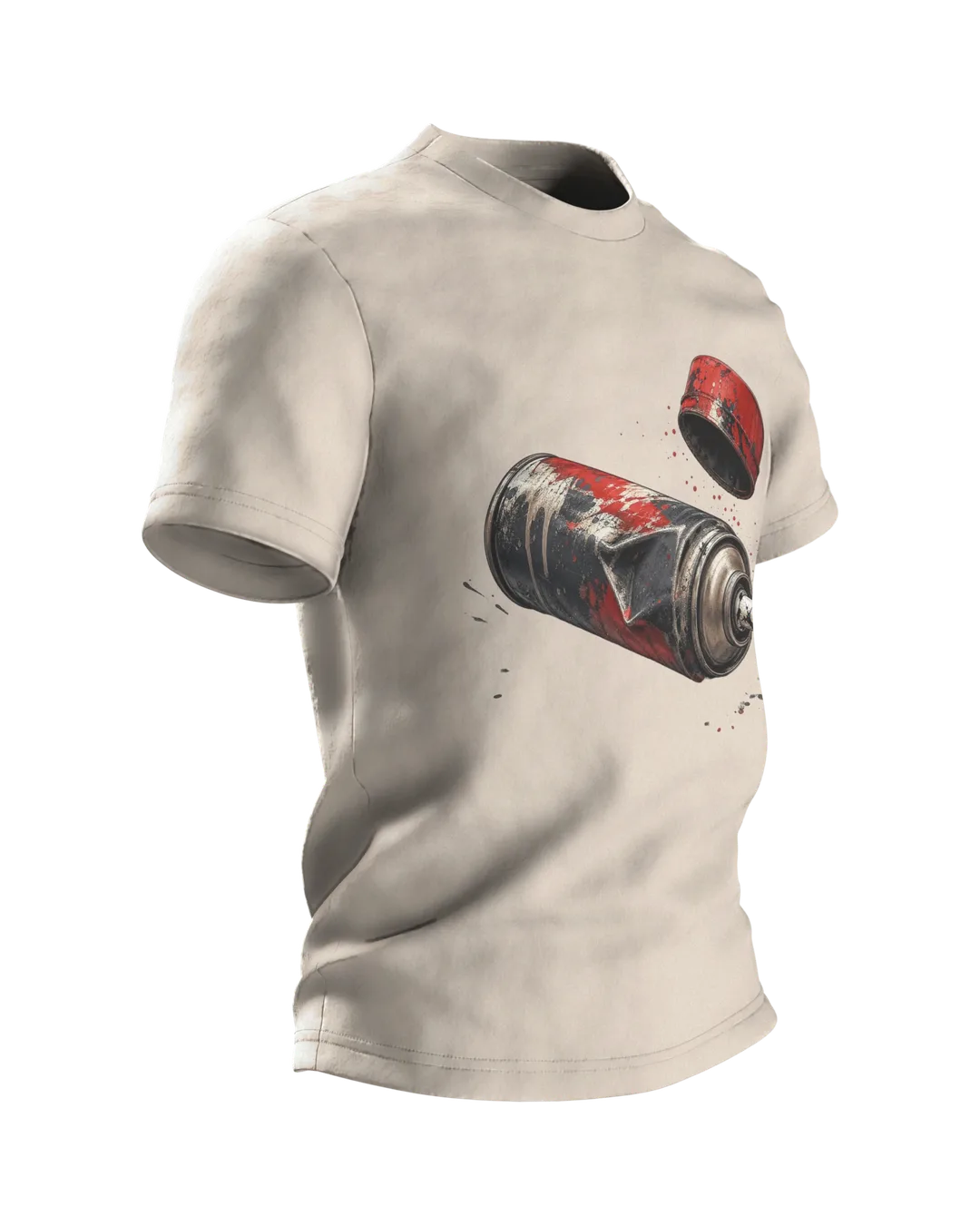 Spraydose T-Shirt: verbeulte Sprühdose in Chrom und Signalrot, Deckel im Flug, Seitenansicht links