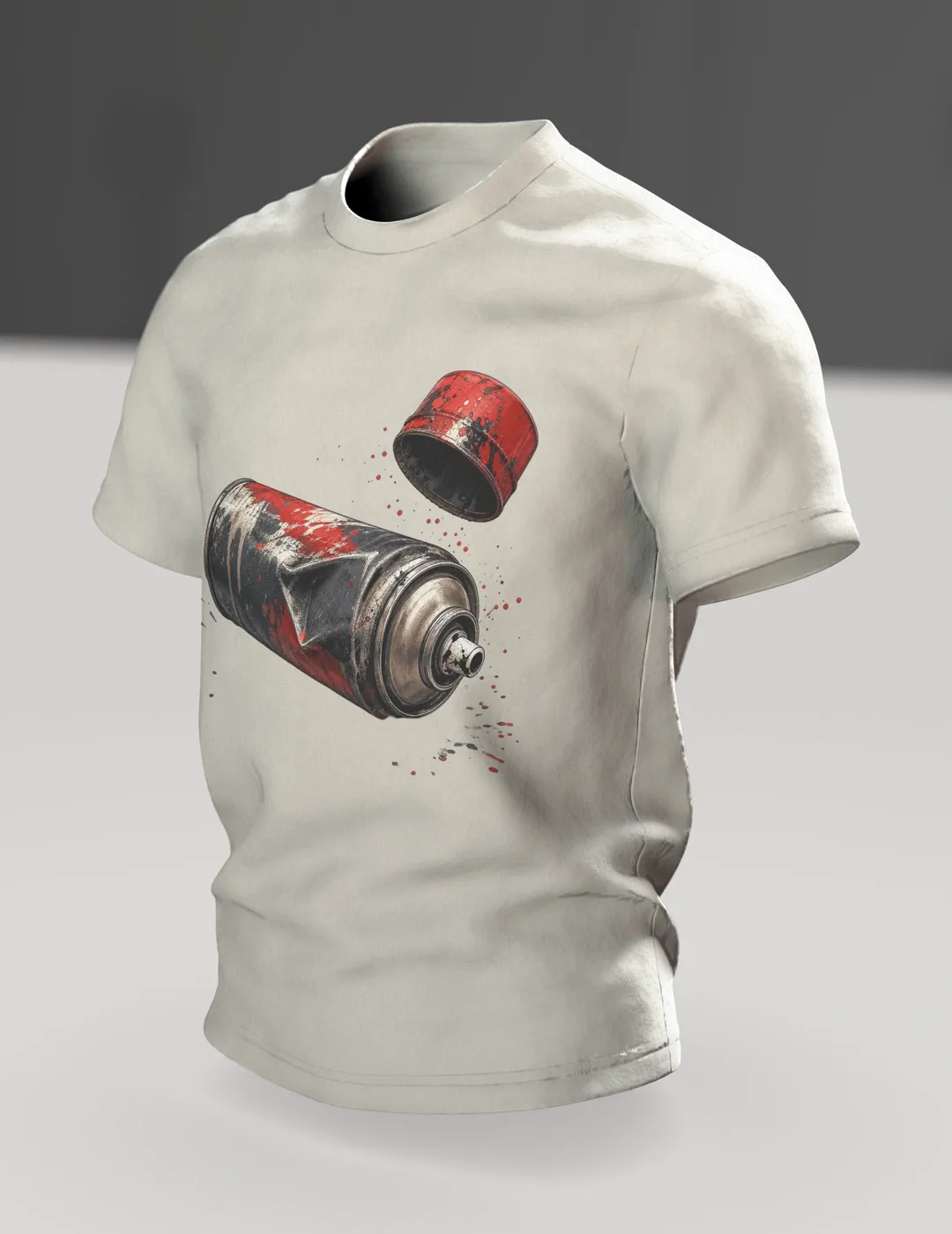 Spraydose T-Shirt: verbeulte Sprühdose in Chrom und Signalrot, Deckel im Flug, Im Raum, schräg