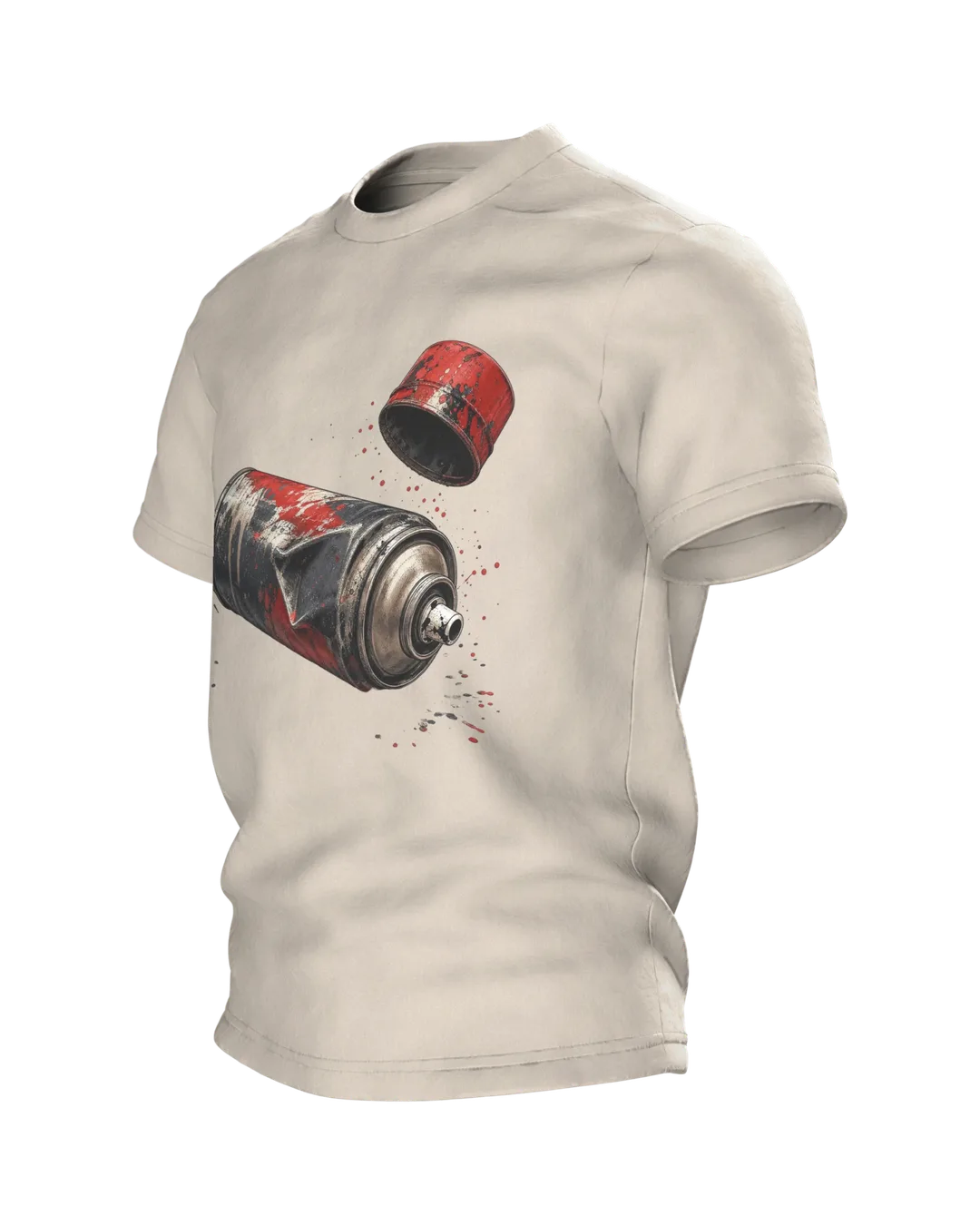 Spraydose T-Shirt: verbeulte Sprühdose in Chrom und Signalrot, Deckel im Flug, Seitenansicht rechts