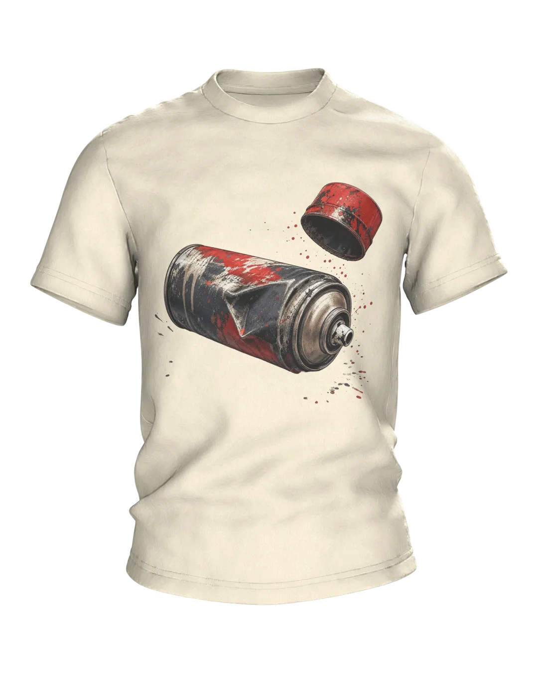 Spray Can T-shirt: Dented Spray Can in Chrome and Signal Red, Cap in Mid-Air