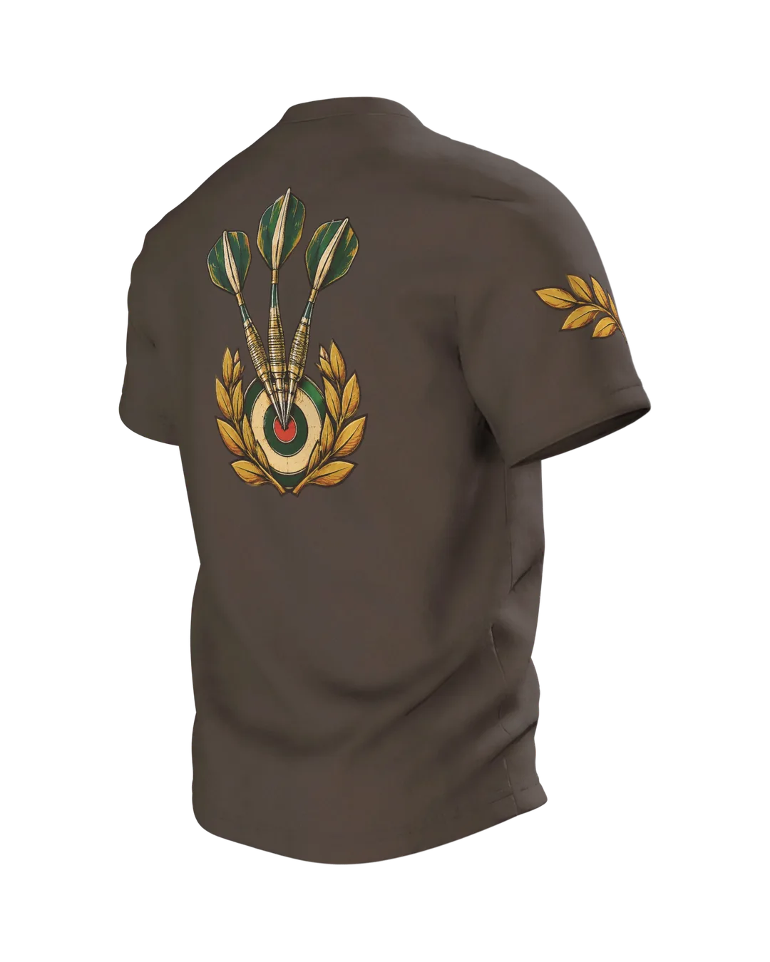 Darts Geschenk T-Shirt: Dartscheibe im Lorbeerkranz, Rückseite schräg links