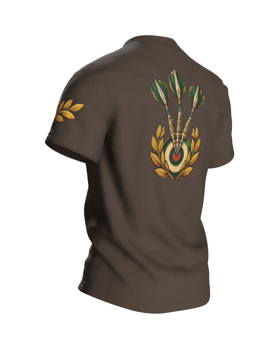 Darts Geschenk T-Shirt: Dartscheibe im Lorbeerkranz, Rückseite schräg rechts