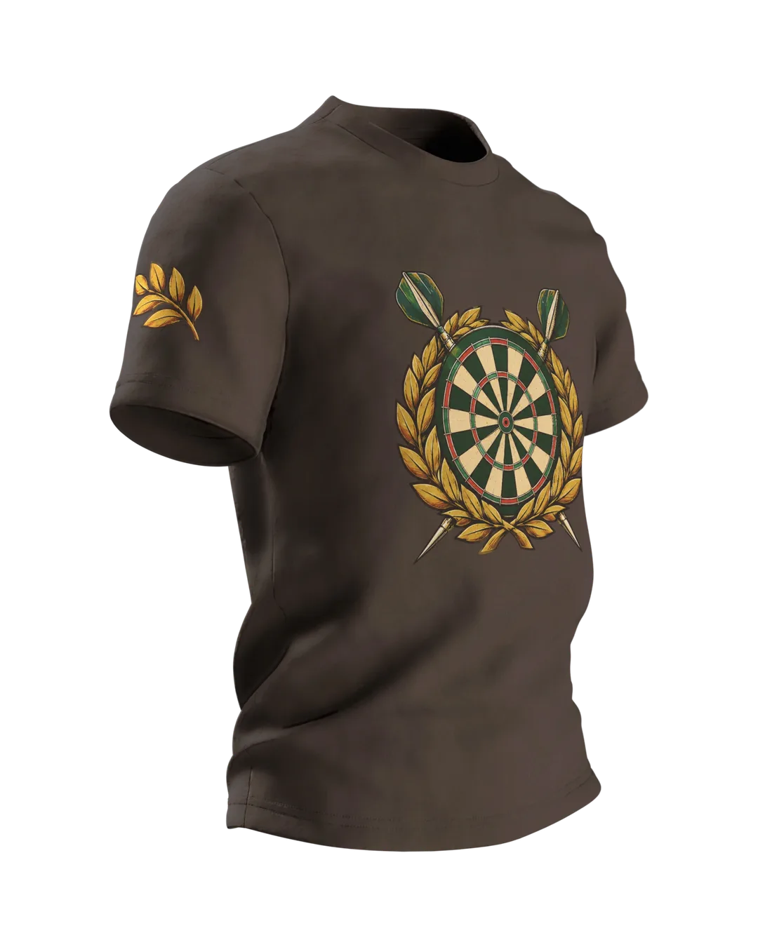 Darts Geschenk T-Shirt: Dartscheibe im Lorbeerkranz, Seitenansicht links