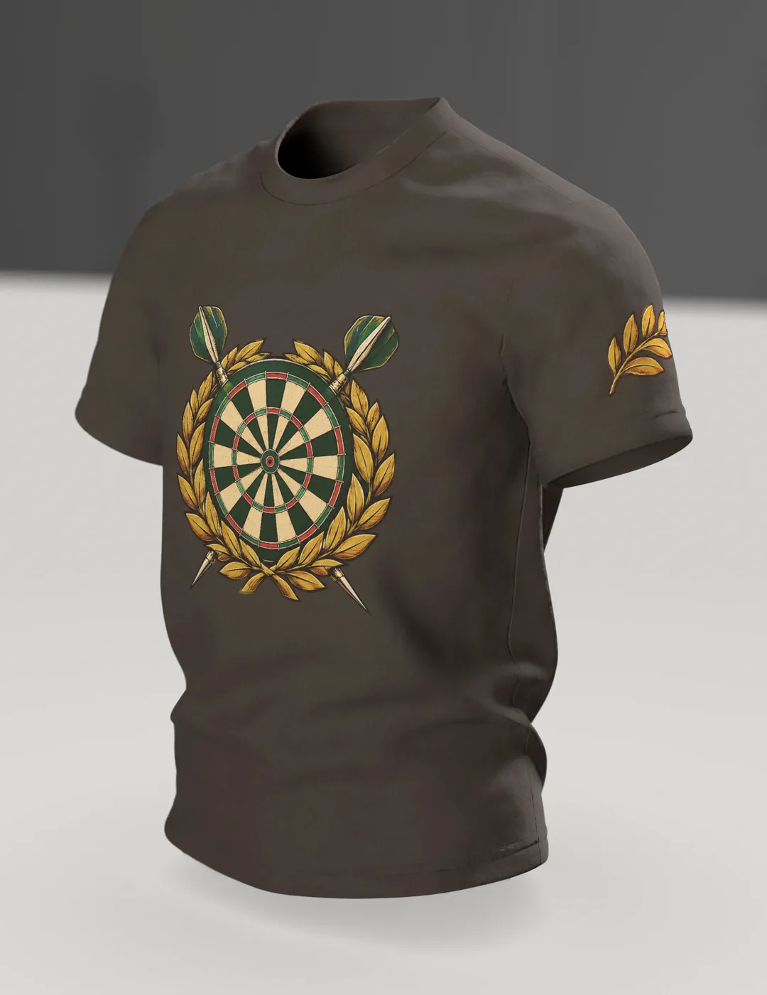 Darts Geschenk T-Shirt: Dartscheibe im Lorbeerkranz, Im Raum, schräg
