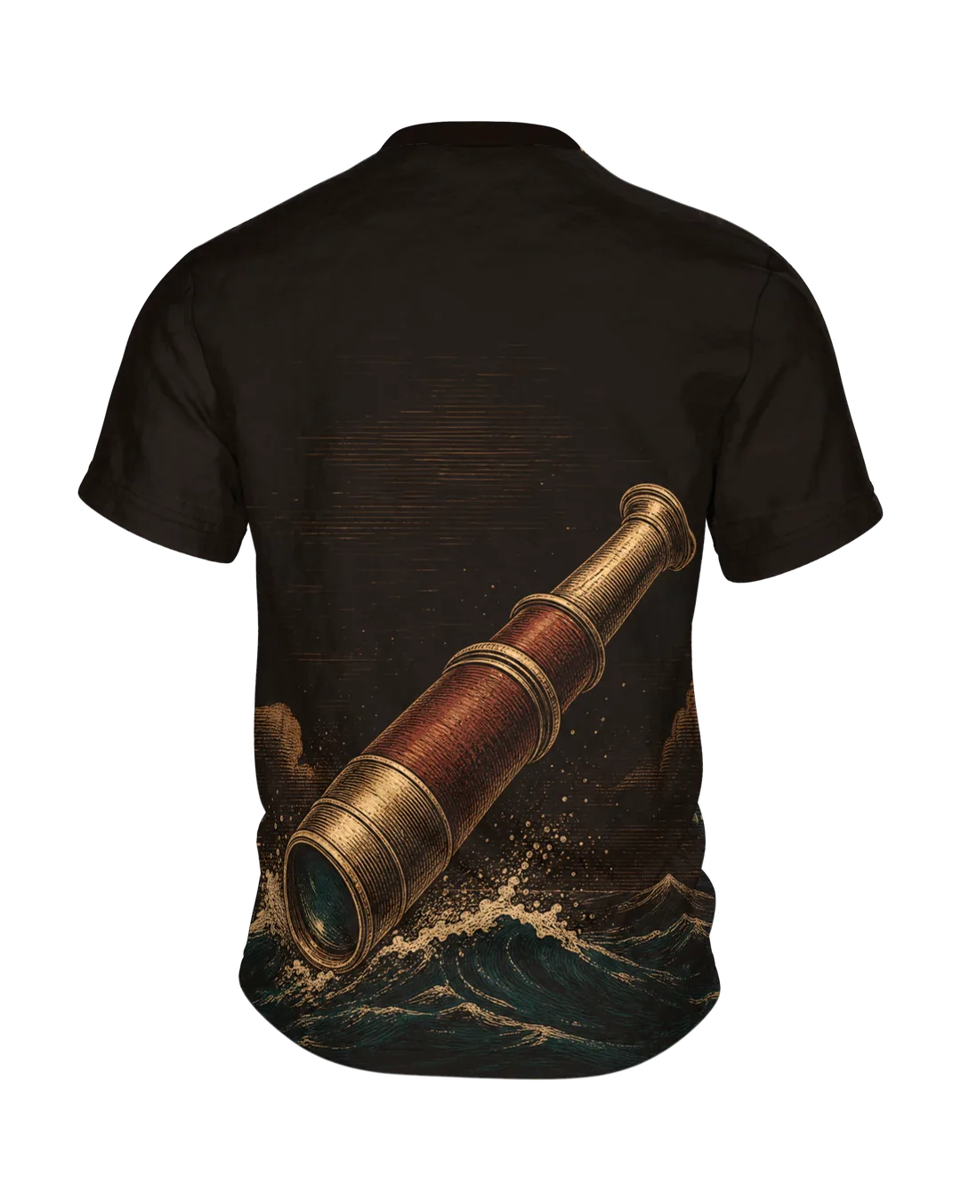 Segelboot T-Shirt: Holzschnitt-Abend mit Hai unter der Wasserlinie, Rückseite
