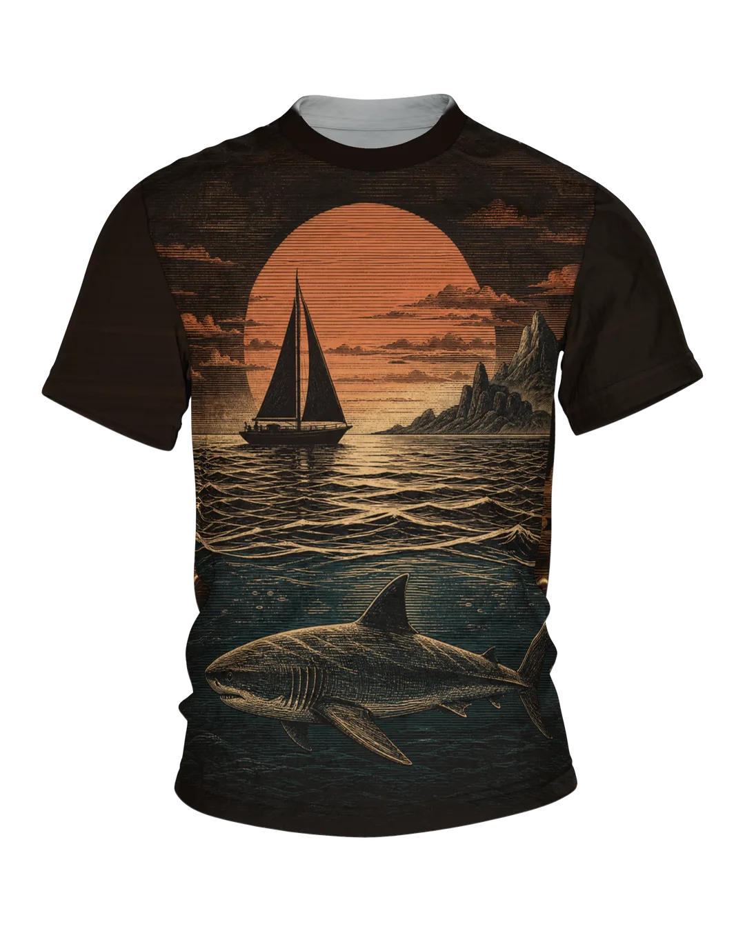 Sailboat T-shirt: Woodcut Evening with a Shark Below the Waterline