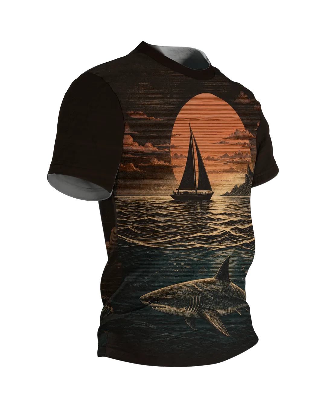 Segelboot T-Shirt: Holzschnitt-Abend mit Hai unter der Wasserlinie, Seitenansicht links