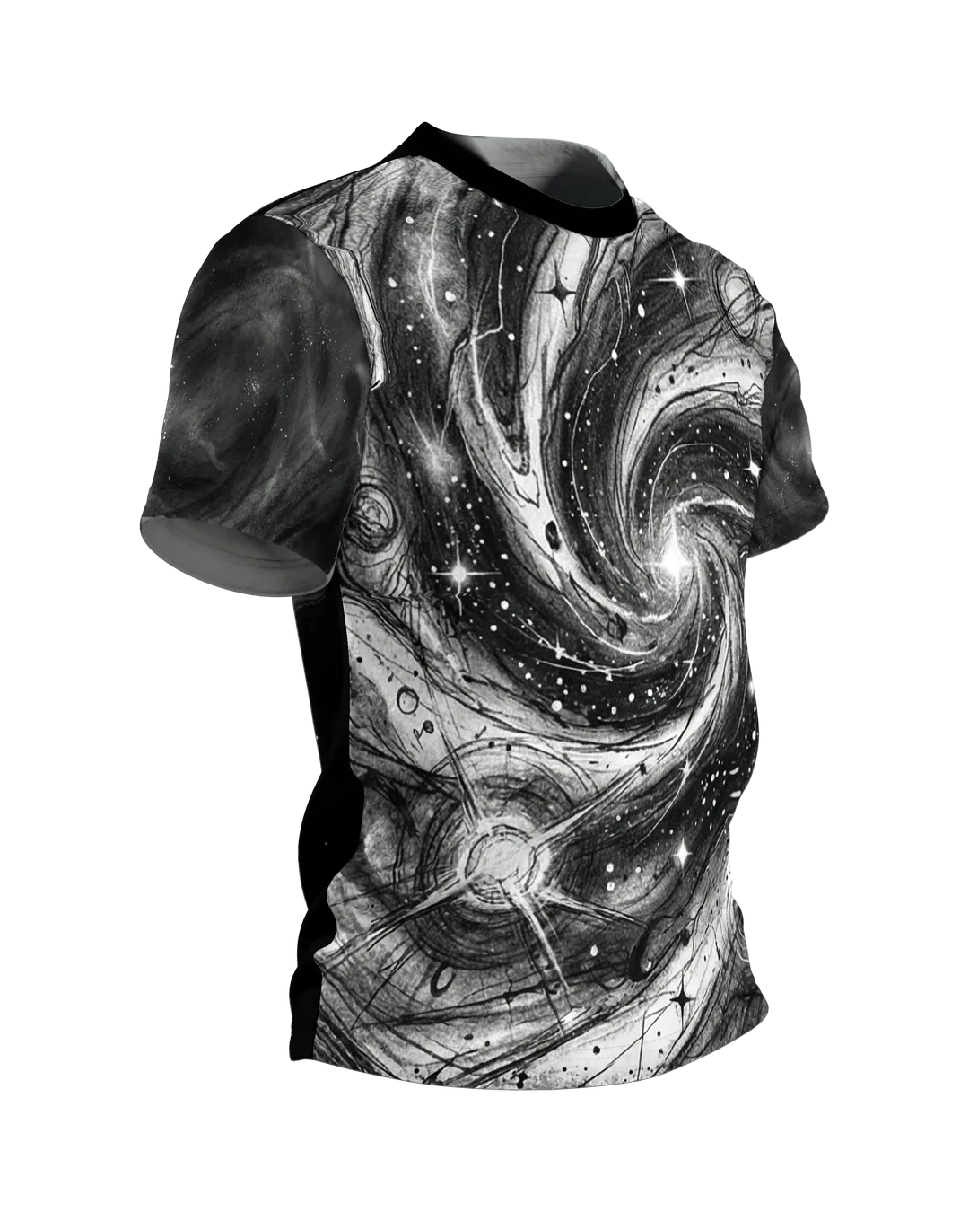 Galaxie-Spirale T-Shirt: Sternwirbel in Schwarzweiß, Seitenansicht links