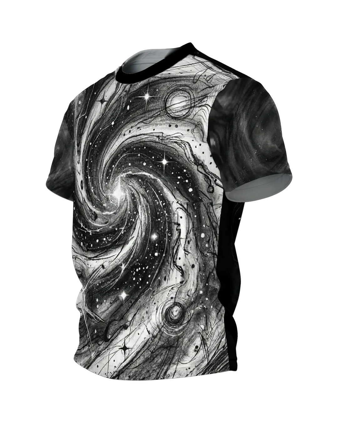 Galaxie-Spirale T-Shirt: Sternwirbel in Schwarzweiß, Seitenansicht rechts