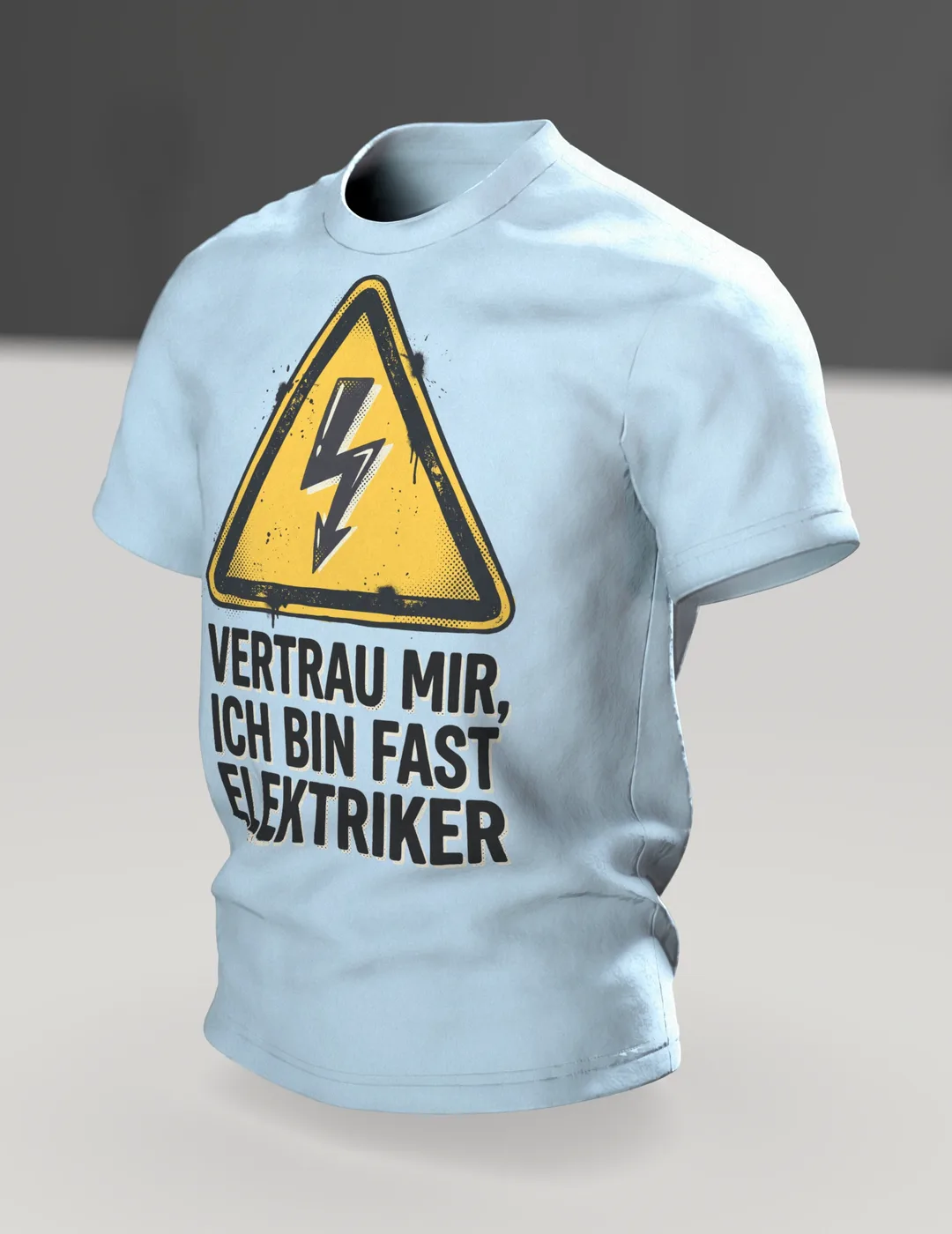 Electrician T-shirt "Vertrau mir, ich bin fast Elektriker", warning triangle with bolt in halftone print, In context, angled