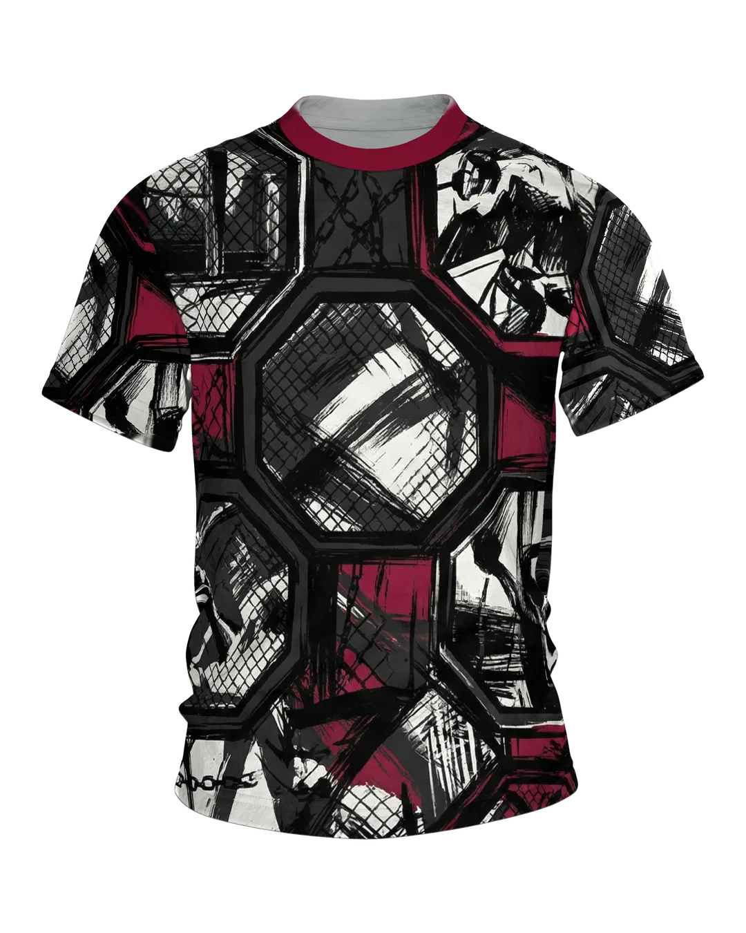 MMA Cage Storyboard T-shirt, Octagon Panels in Ink Style as an All-Over Print in Black and Burgundy
