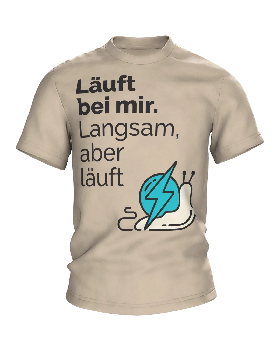 Läuft bei mir T-shirt "Läuft bei mir. Langsam, aber läuft", line art snail with lightning bolt