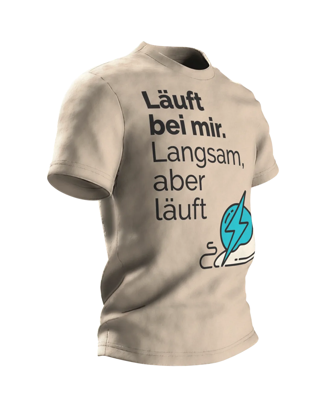 Läuft bei mir T-shirt "Läuft bei mir. Langsam, aber läuft", line art snail with lightning bolt, Side view, left