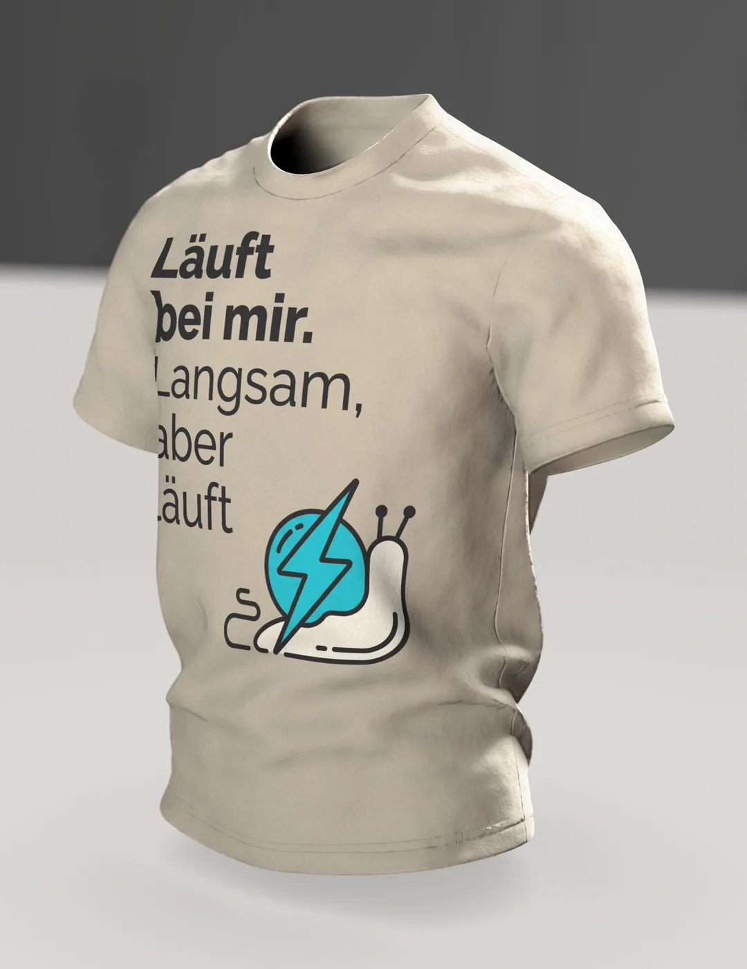 Läuft bei mir T-shirt "Läuft bei mir. Langsam, aber läuft", line art snail with lightning bolt, In context, angled