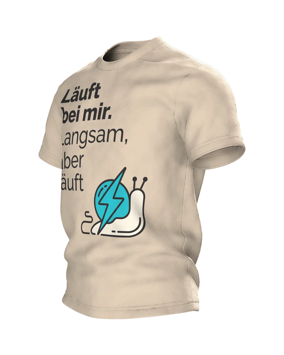 Läuft bei mir T-shirt "Läuft bei mir. Langsam, aber läuft", line art snail with lightning bolt, Side view, right