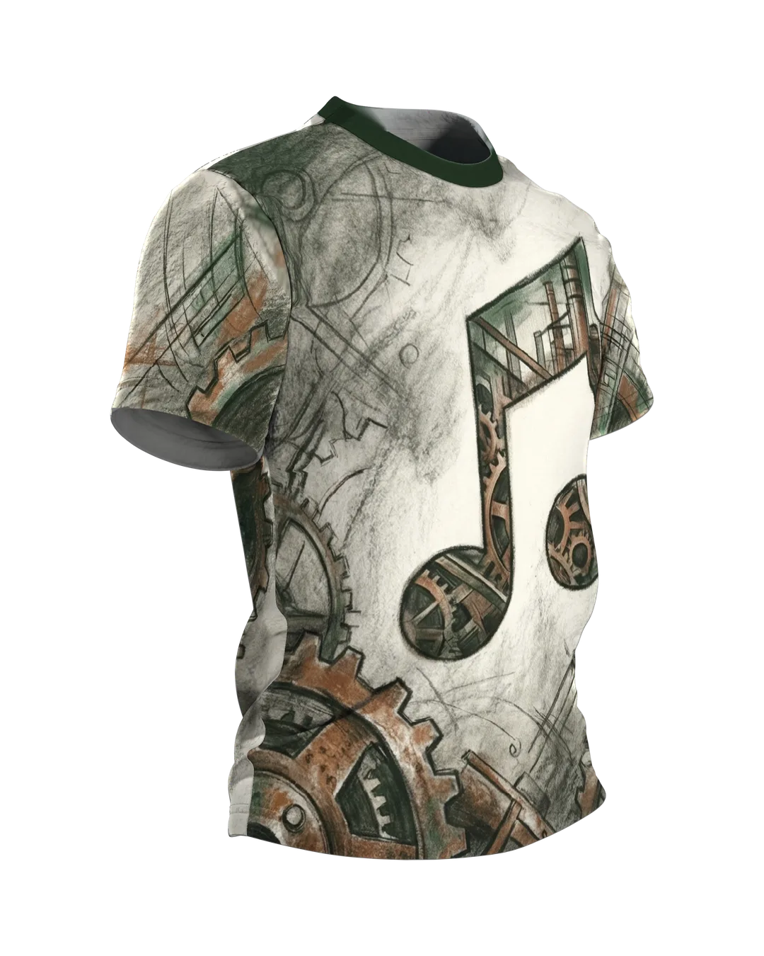 Steampunk Noten T-Shirt: Achtelnote aus Zahnrädern und Rost, Seitenansicht links