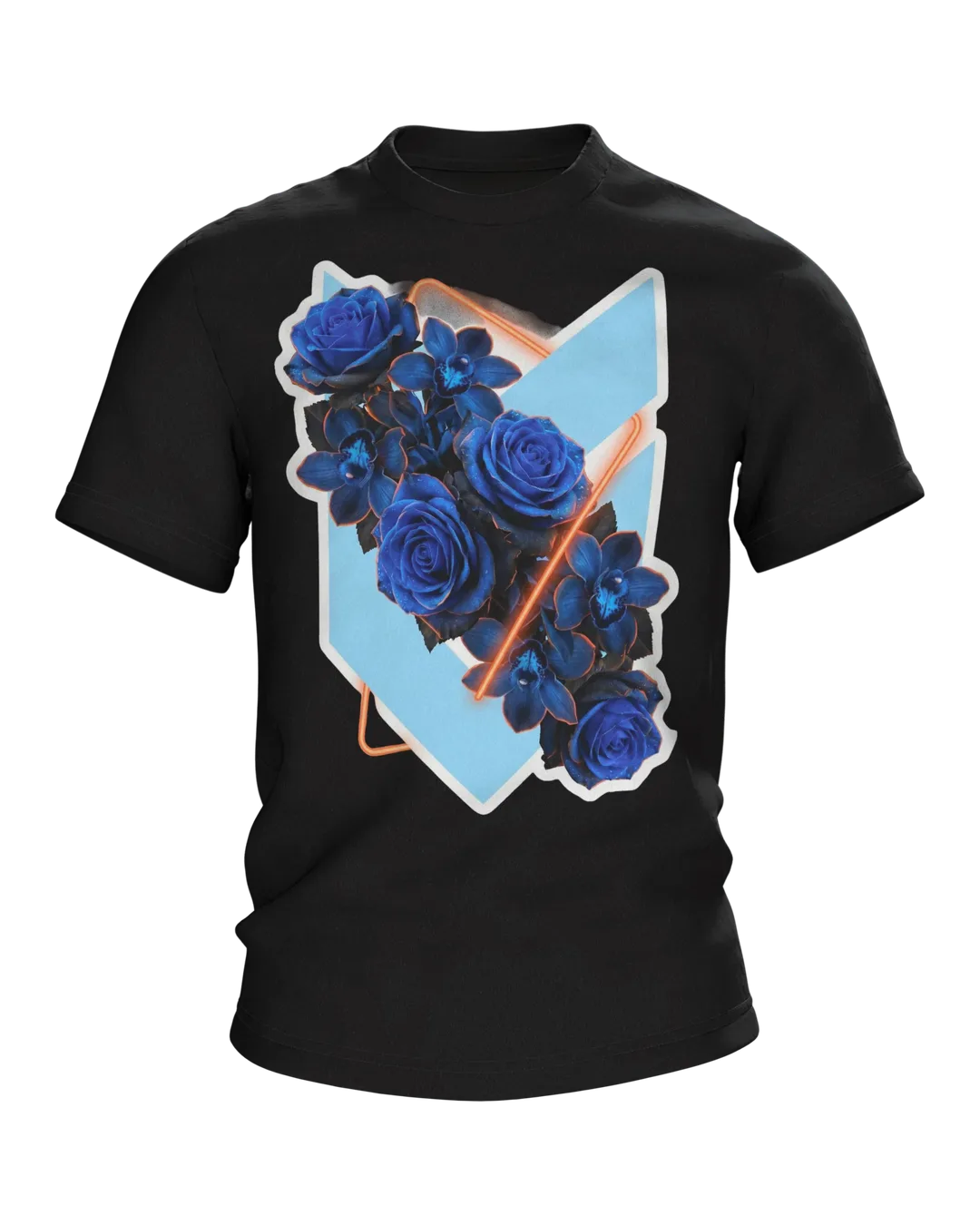 Blaue Rosen im Neon-Ring, fotorealistisches Bouquet mit Orchideen auf Hellblau