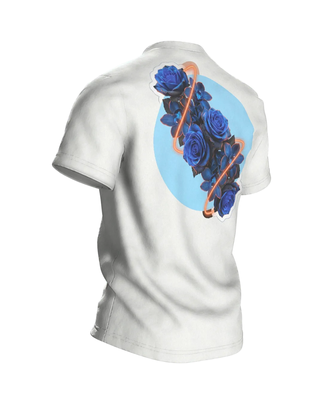 Blue Roses in a Neon Ring, Photorealistic Bouquet with Orchids on Light Blue, Back, angled right