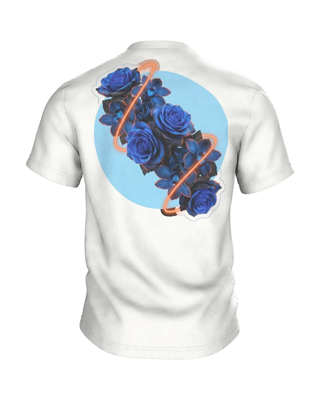 Blue Roses in a Neon Ring, Photorealistic Bouquet with Orchids on Light Blue, Back