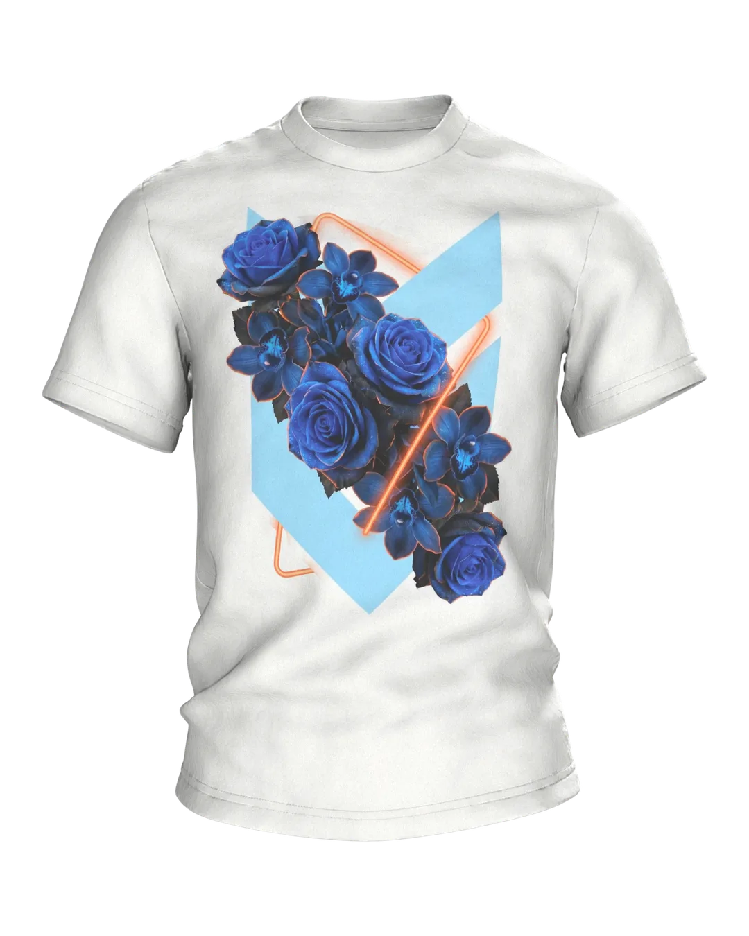 Blaue Rosen im Neon-Ring, fotorealistisches Bouquet mit Orchideen auf Hellblau