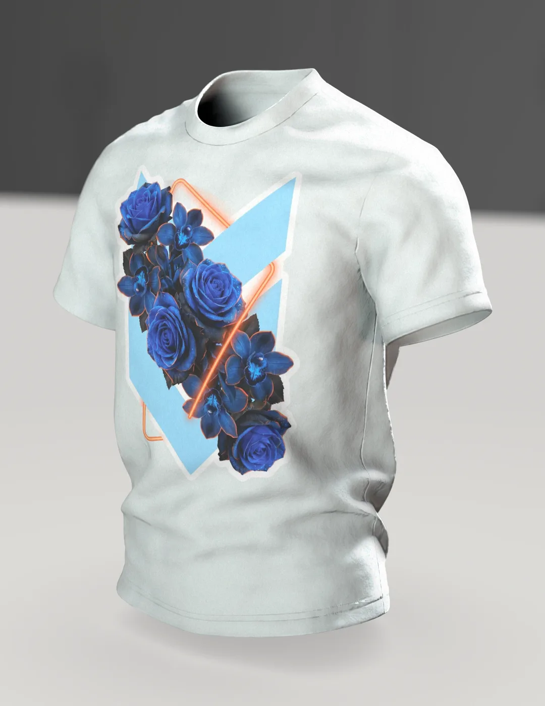 Blue Roses in a Neon Ring, Photorealistic Bouquet with Orchids on Light Blue, In context, angled