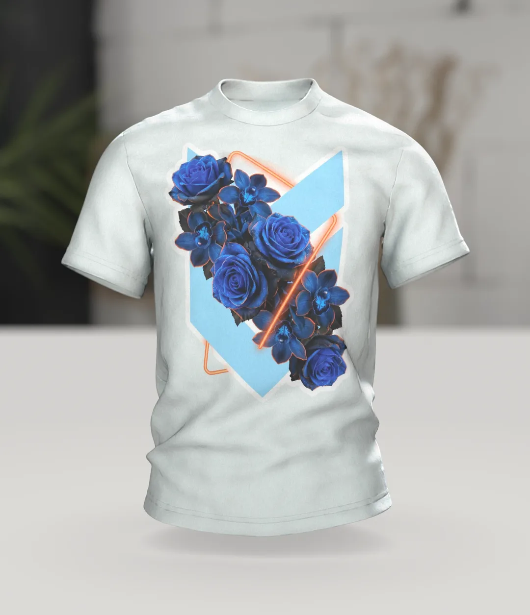 Blue Roses in a Neon Ring, Photorealistic Bouquet with Orchids on Light Blue, In context