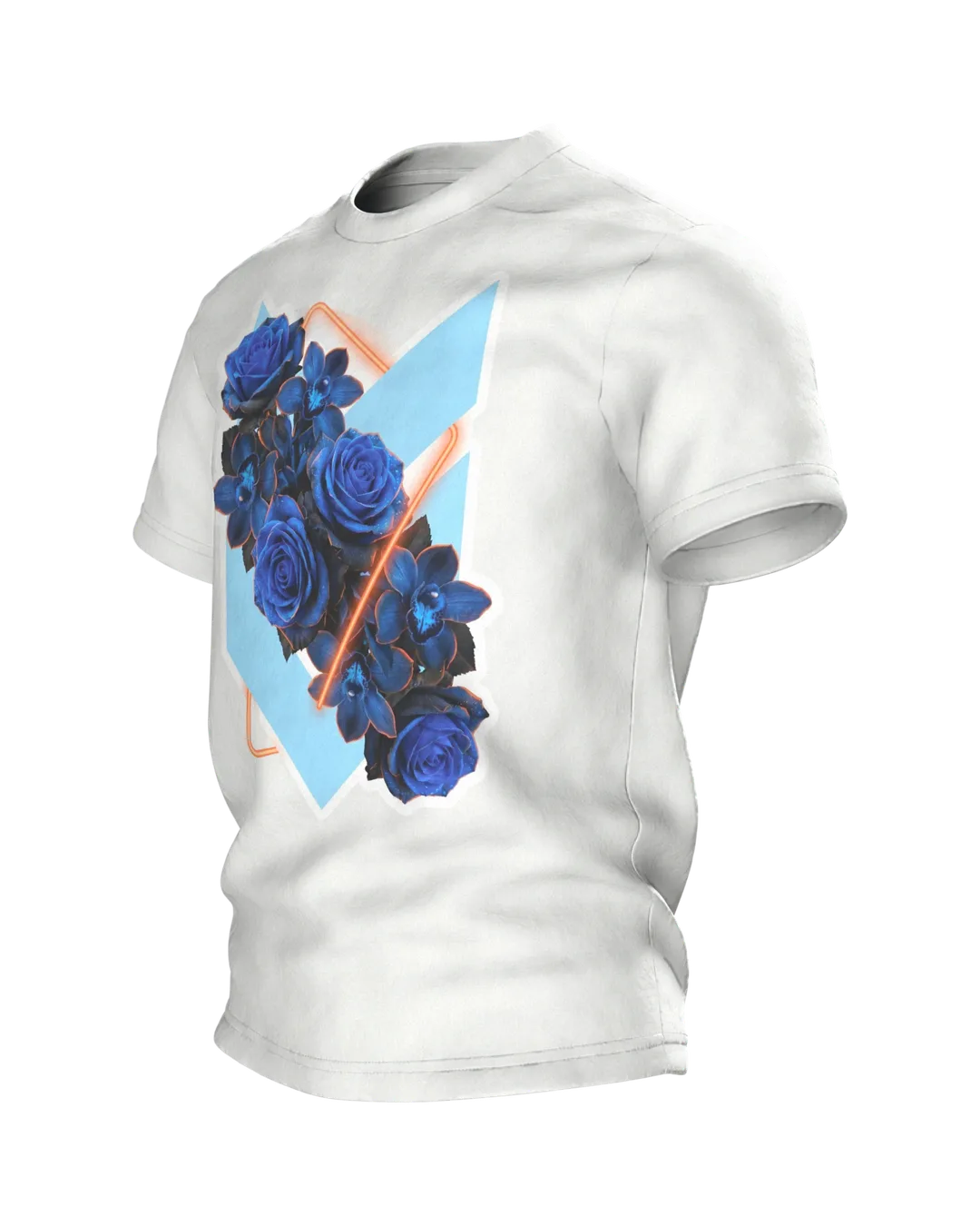 Blue Roses in a Neon Ring, Photorealistic Bouquet with Orchids on Light Blue, Side view, right