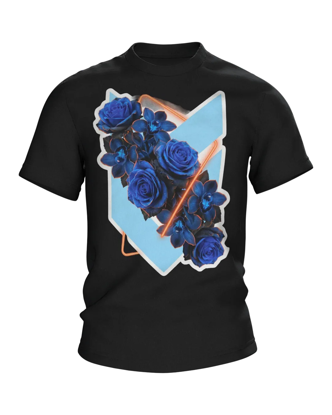 Blue Roses in a Neon Ring, Photorealistic Bouquet with Orchids on Light Blue