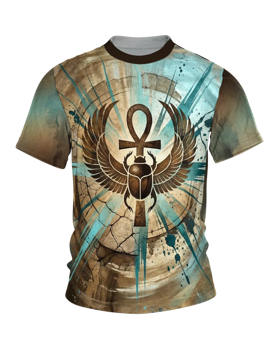 Scarab Ankh T-shirt, winged beetle with the sign of life, sun scarab on the back