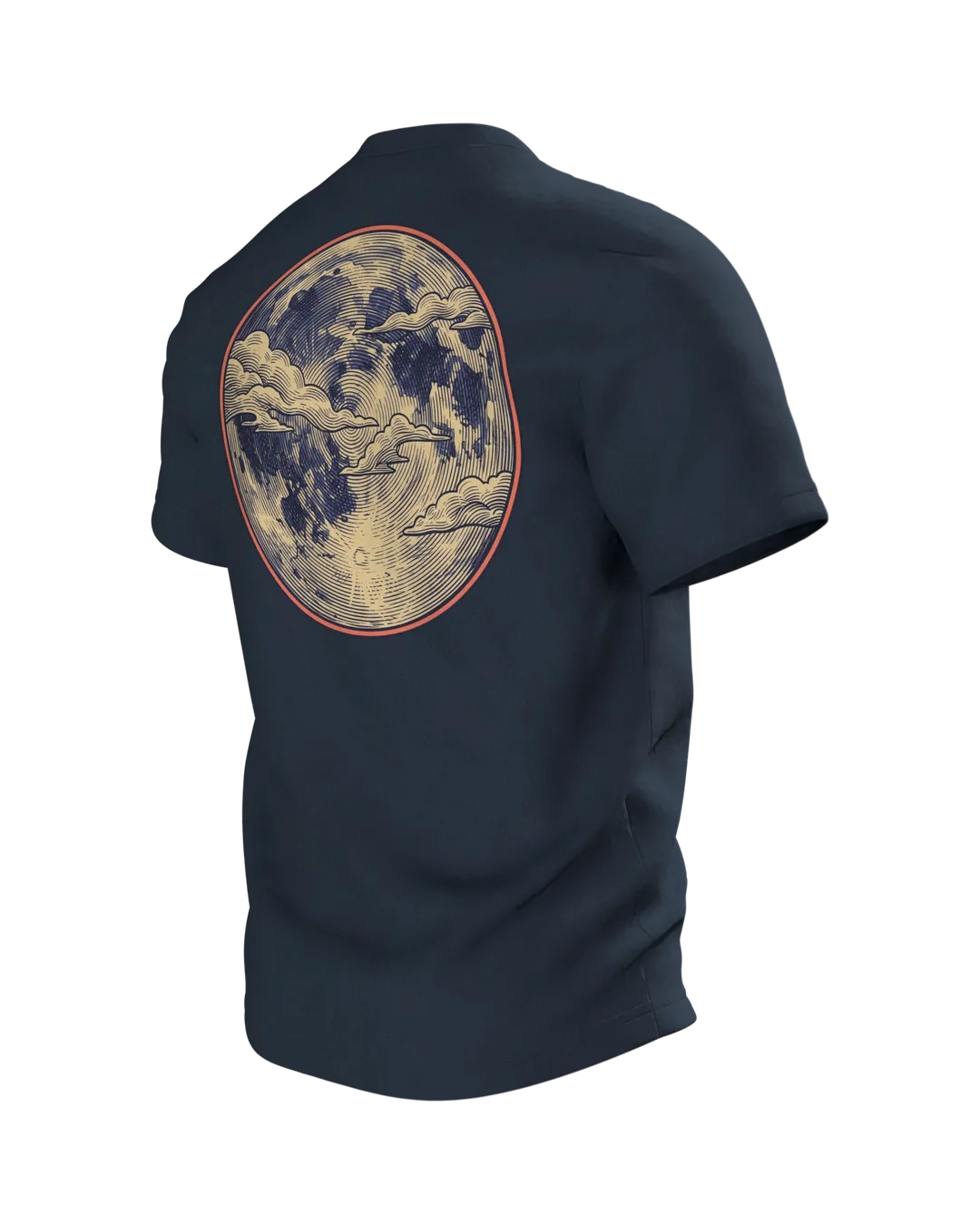 Ukiyo-e Katze T-Shirt, gravierte Tigerkatze auf der Welle mit Vollmond-Rücken, Rückseite schräg links