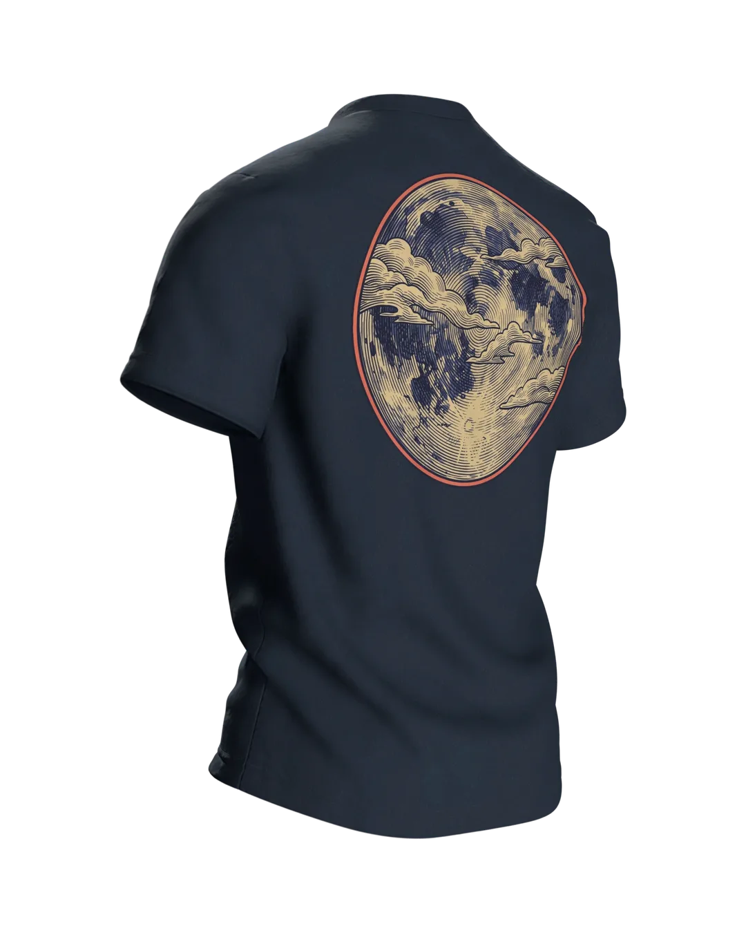 Ukiyo-e Katze T-Shirt, gravierte Tigerkatze auf der Welle mit Vollmond-Rücken, Rückseite schräg rechts