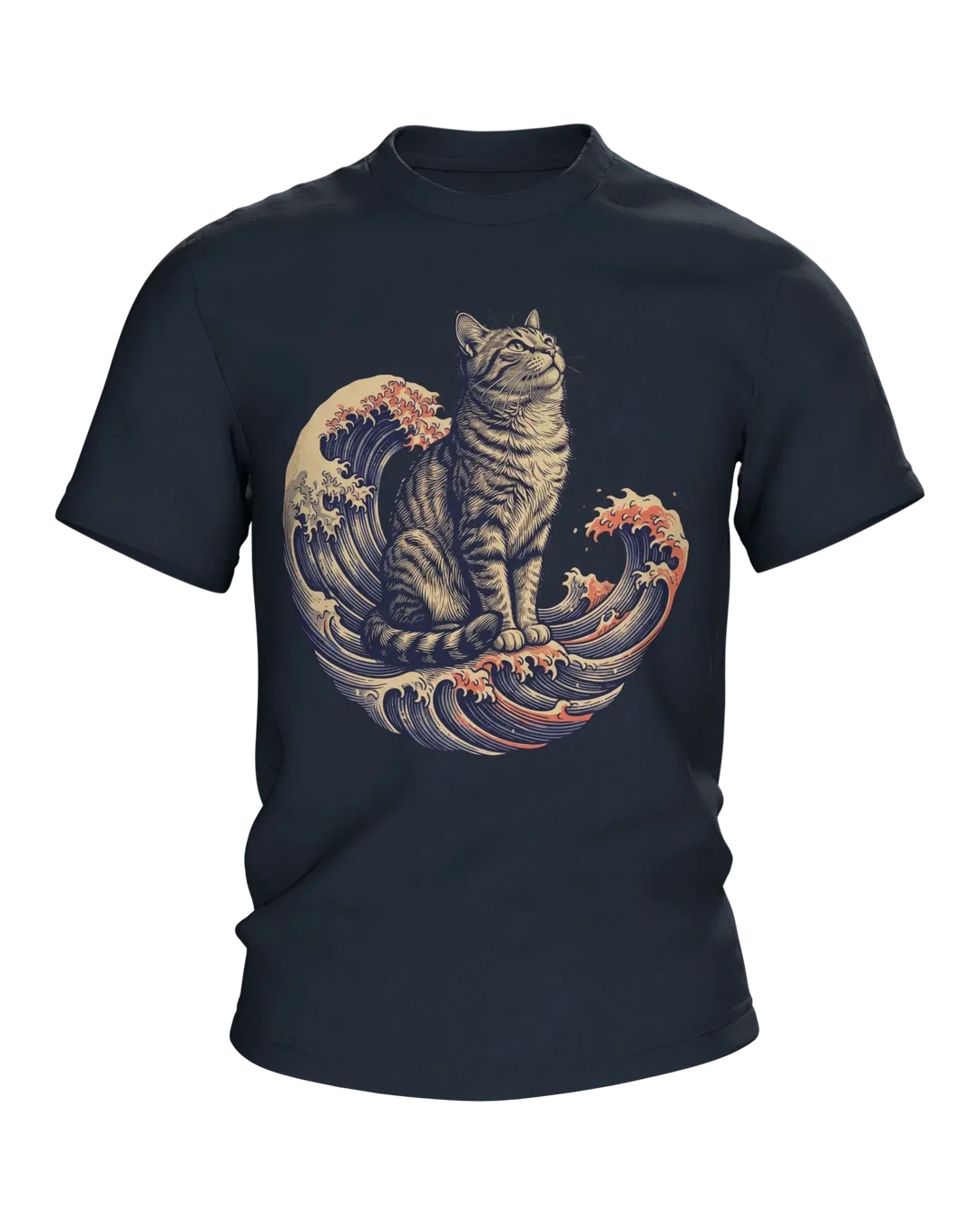 Ukiyo-e Cat T-shirt, Engraved Tabby Cat on the Wave with Full Moon Back