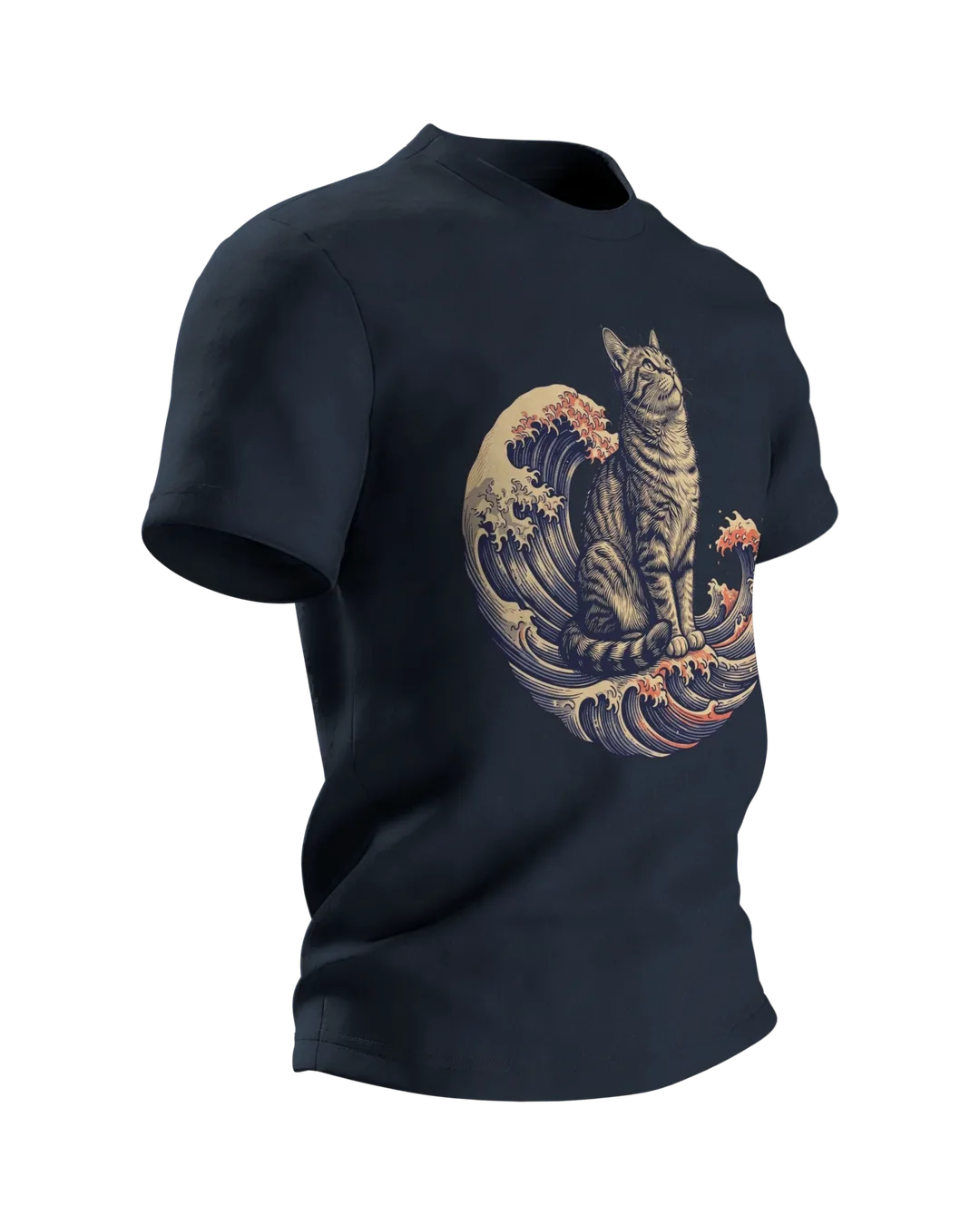 Ukiyo-e Katze T-Shirt, gravierte Tigerkatze auf der Welle mit Vollmond-Rücken, Seitenansicht links