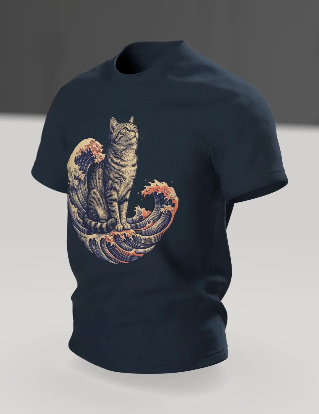 Ukiyo-e Katze T-Shirt, gravierte Tigerkatze auf der Welle mit Vollmond-Rücken, Im Raum, schräg