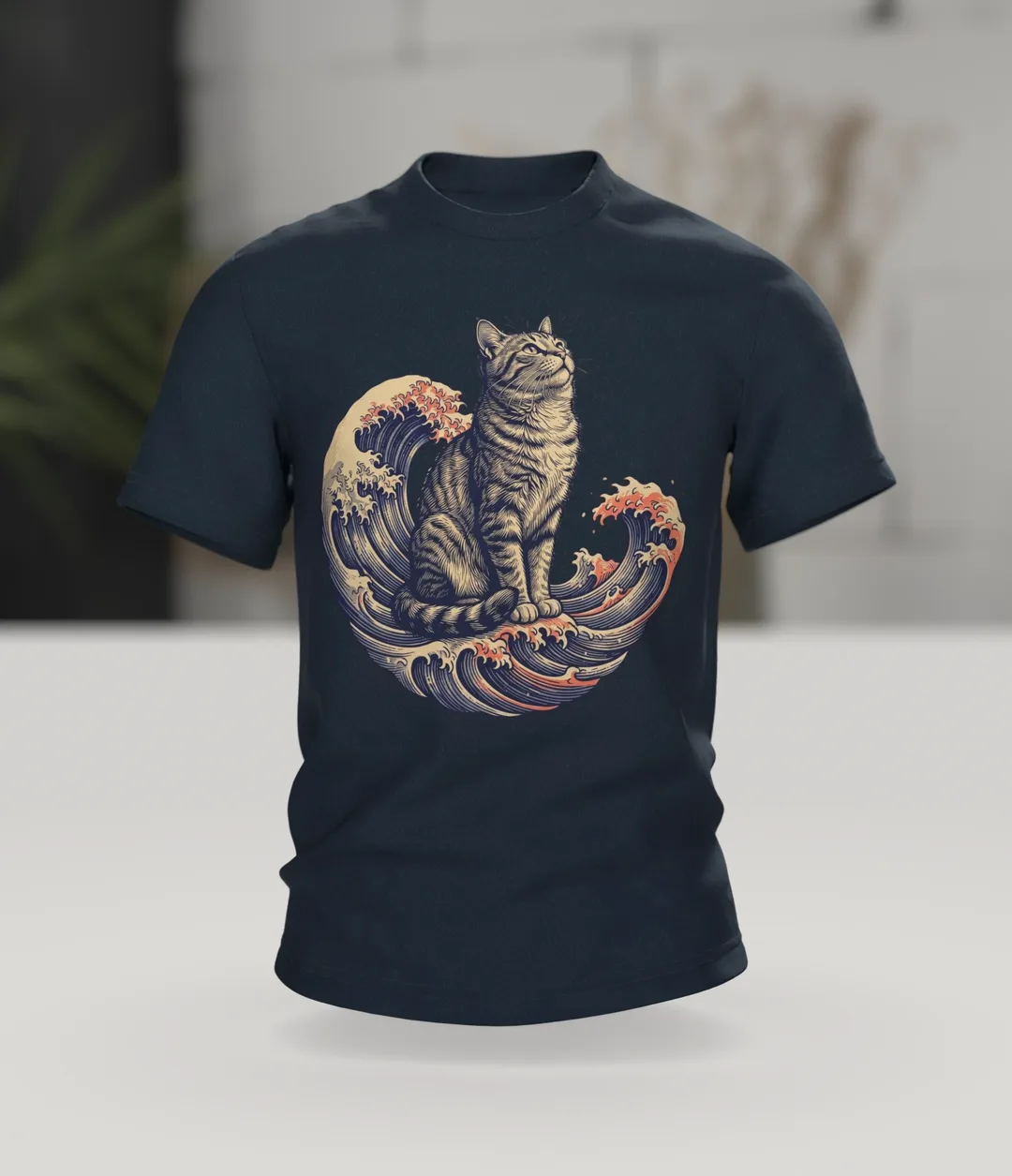 Ukiyo-e Katze T-Shirt, gravierte Tigerkatze auf der Welle mit Vollmond-Rücken, Im Raum