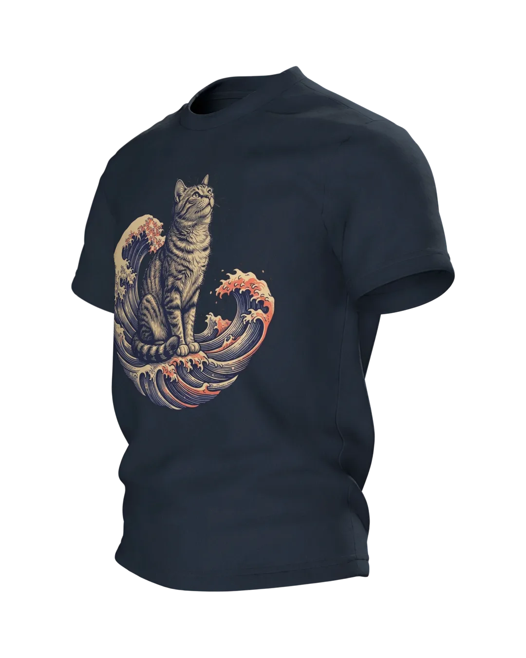 Ukiyo-e Katze T-Shirt, gravierte Tigerkatze auf der Welle mit Vollmond-Rücken, Seitenansicht rechts
