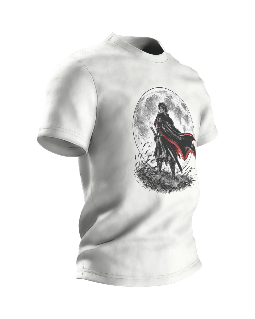 Anime Samurai T-Shirt: Manga Warrior Against the Full Moon, Side view, left