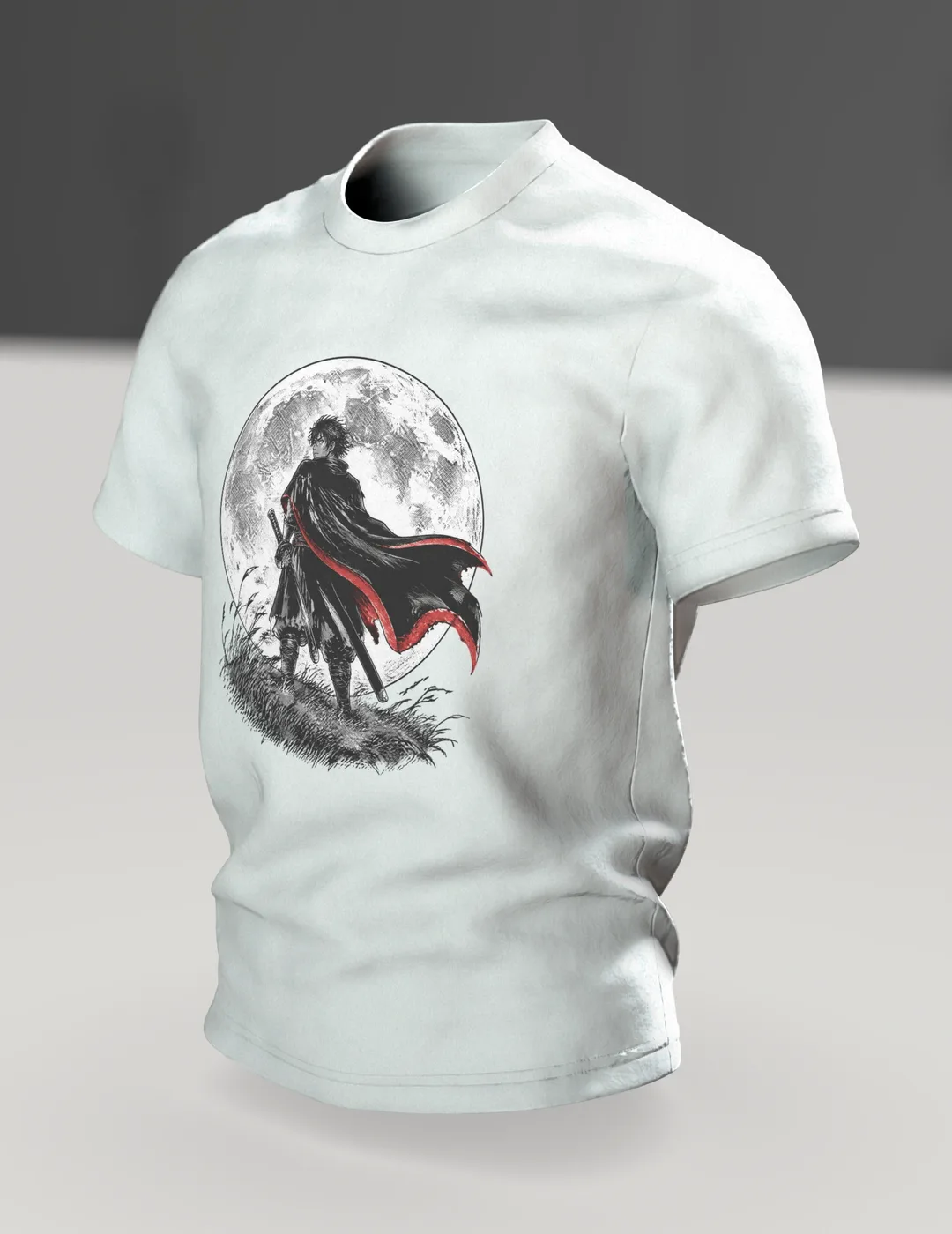Anime Samurai T-Shirt: Manga Warrior Against the Full Moon, In context, angled