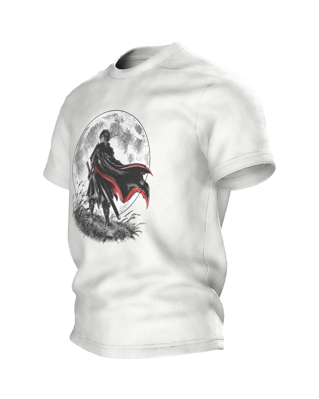 Anime Samurai T-Shirt: Manga Warrior Against the Full Moon, Side view, right