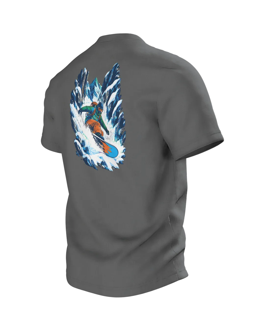 Snowboarder Motiv-Shirt: Dynamische Winter-Action, Rückseite schräg links
