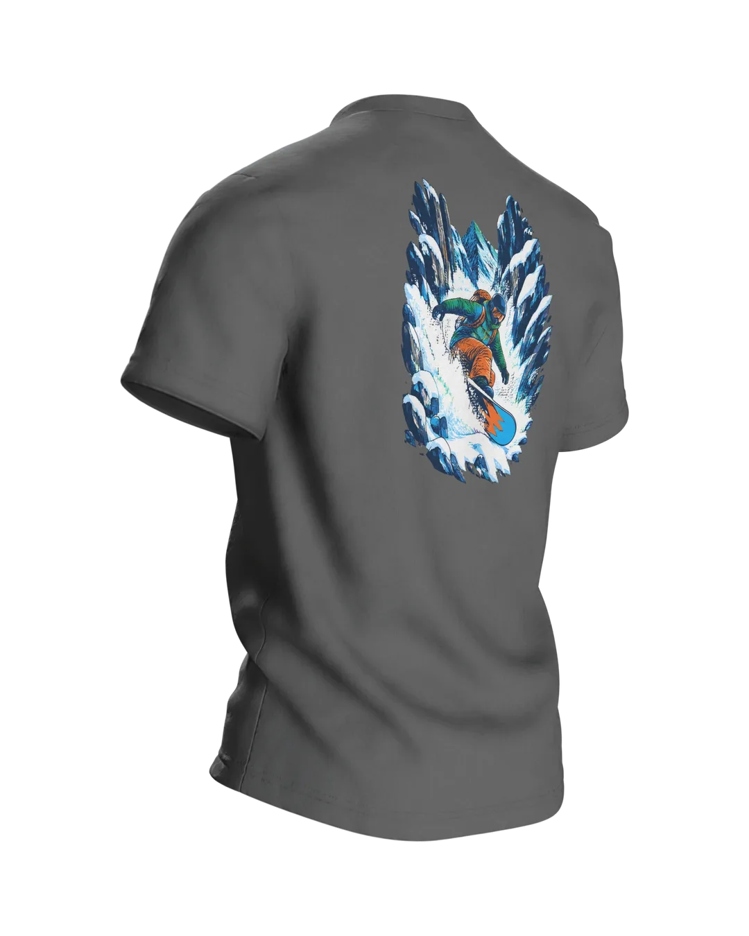 Snowboarder Motiv-Shirt: Dynamische Winter-Action, Rückseite schräg rechts