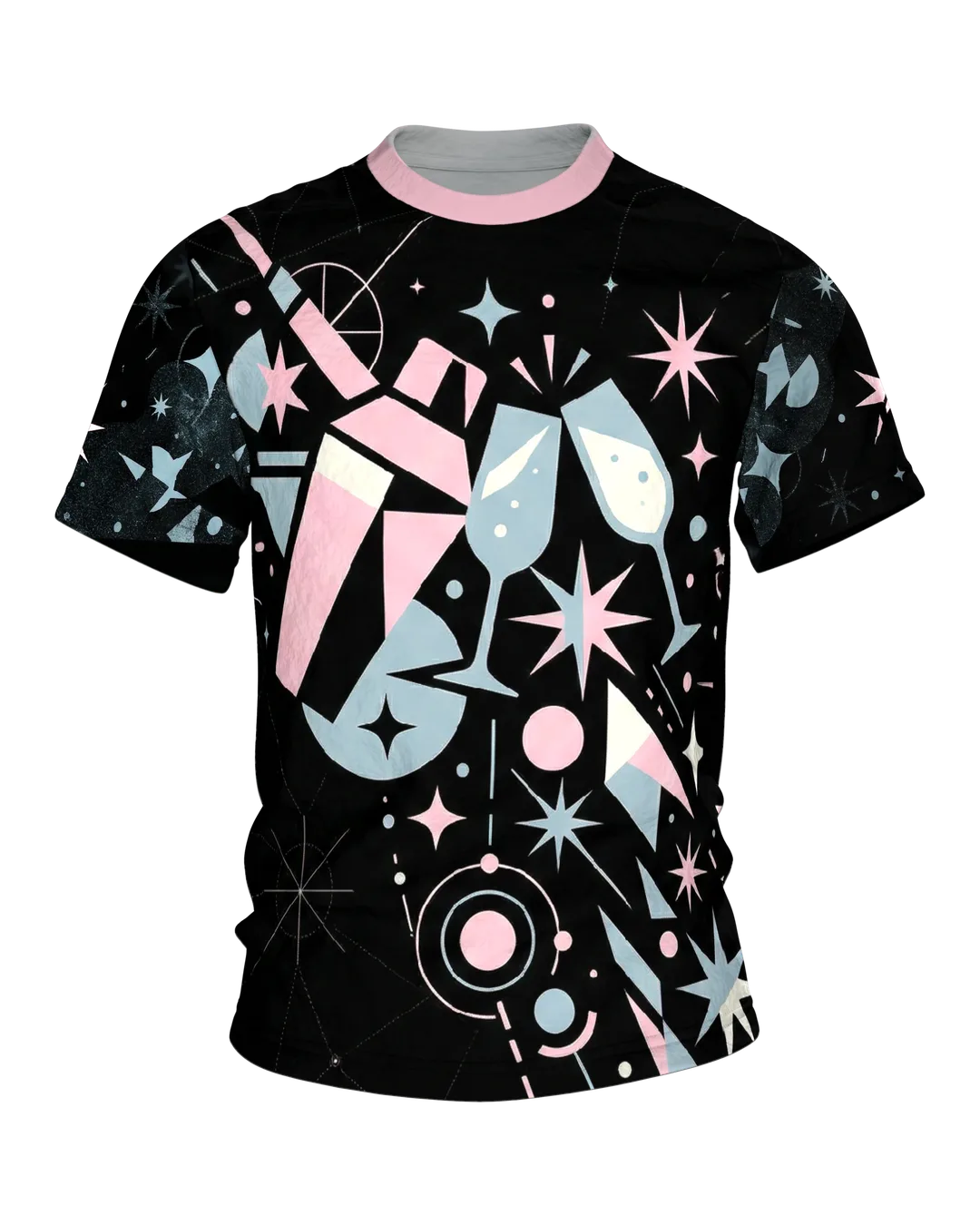 Retro Cocktail Party T-shirt, Shaker and Glasses with Atomic Stars, Toasting Motif on the Back