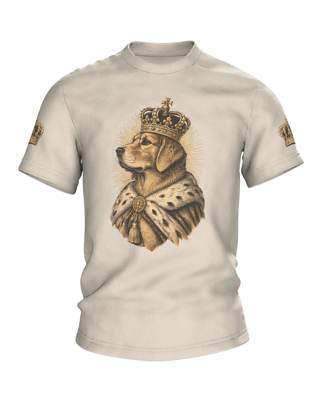 Golden Retriever Shirt: Golden Retriever with Crown and Ermine, Monarch on the Front, Napping on the Back, Engraving Style