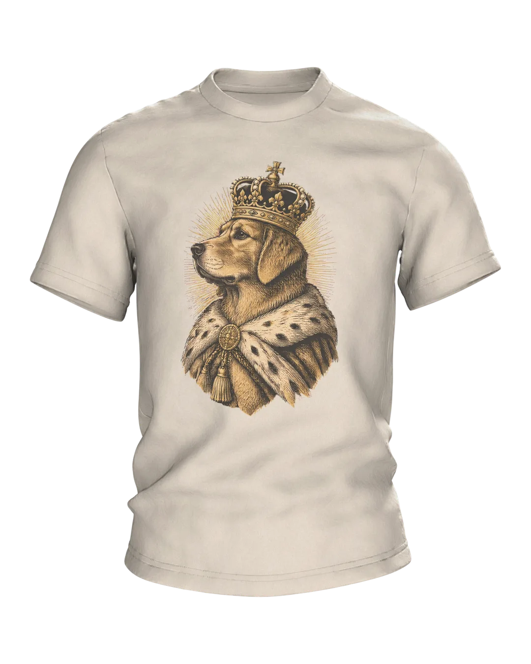 Golden Retriever T-Shirt: Golden Retriever mit Krone und Hermelin, vorn als Monarch, hinten beim Nickerchen, Kupferstich-Optik